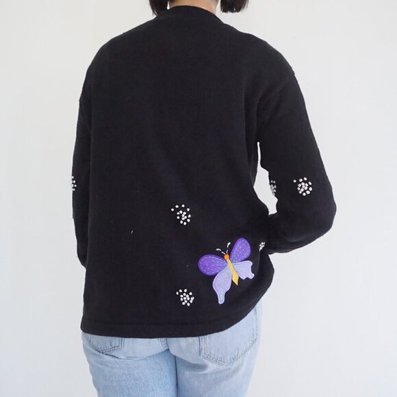 Vintage Quacker Factory Black Butterfly Embroidered Cotton Blend Cardigan S - Picture 2 of 11
